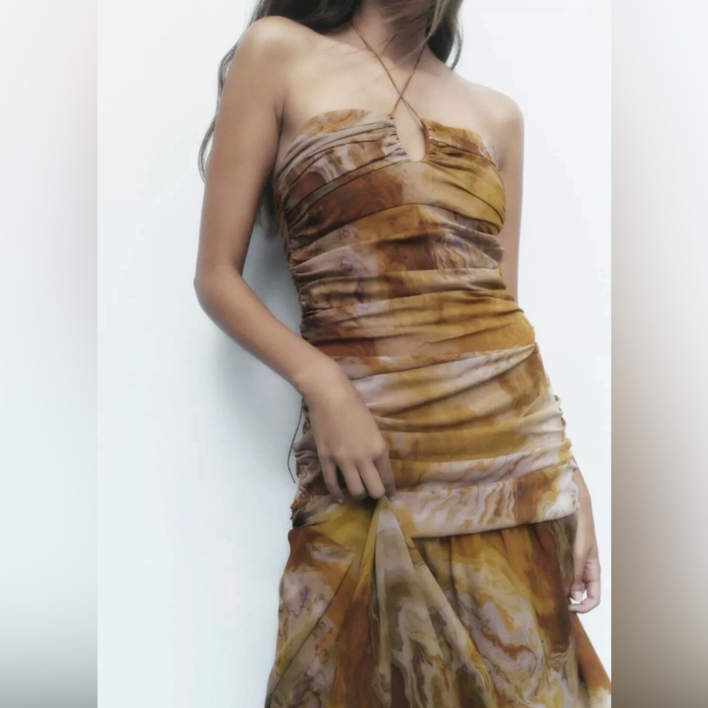 Blogger Fav Zara Printed Silk Dress Sz S Green Brown Watercolor Halter